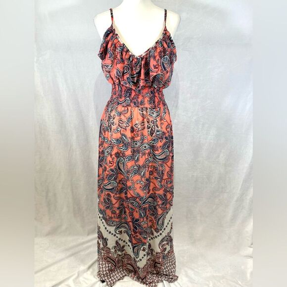 Pink and white paisley print boho smocked ruffle maxi dress size XL - Picture 2 of 9